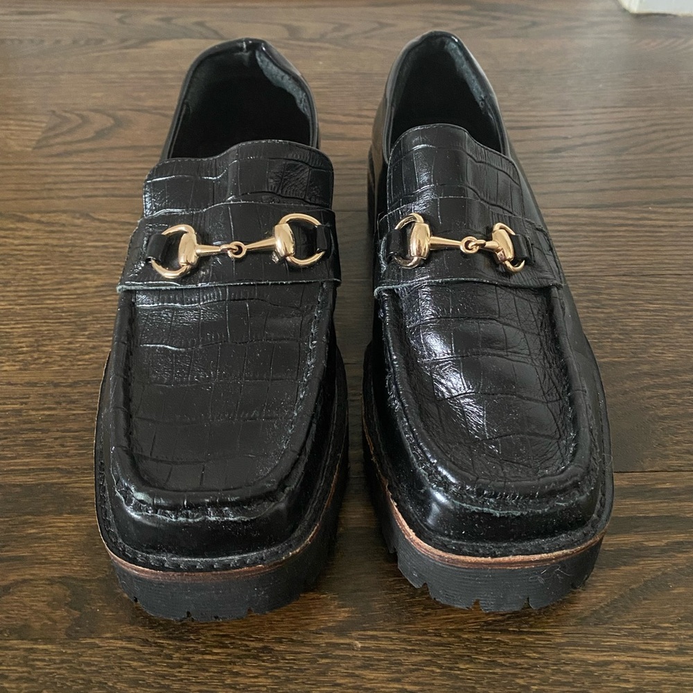 INTENTIONALLY BLANK Black Croc-Embossed Loafers with Gold Bit